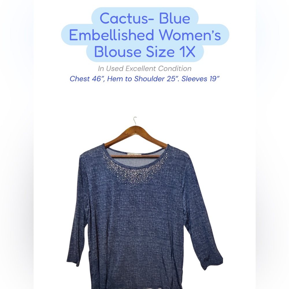 Cactus Navy Embellished Blouse Sparkle Neckline Women’s 1X